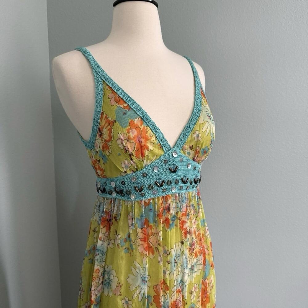 100% Silk Sue Wong Green Multicolor Beaded Floral Maxi Dress Blue Crochet - Picture 4 of 13